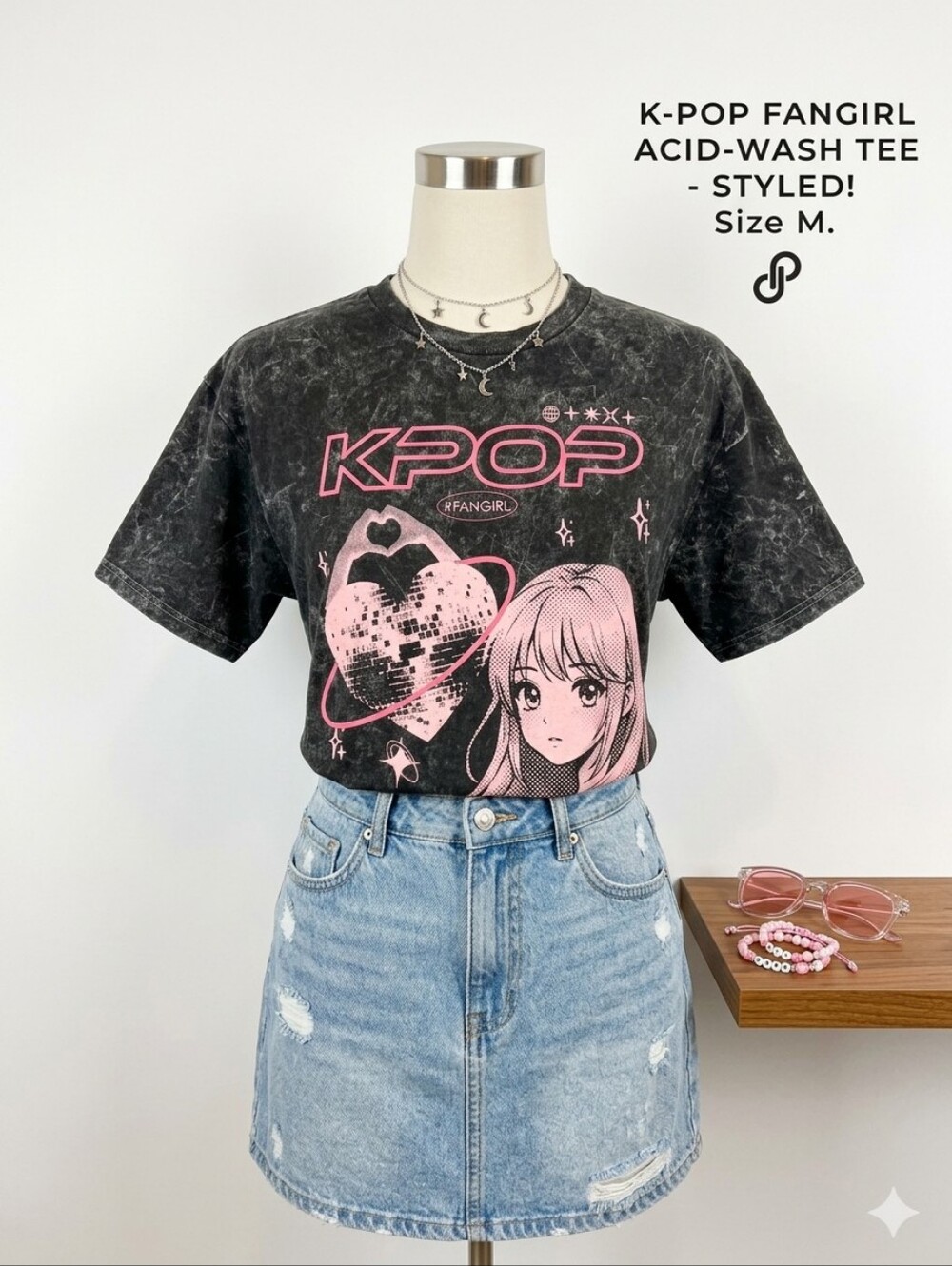 Bioworld KPOP #FANGIRL Pink Anime Graphic Tee Acid Wash Medium NWT